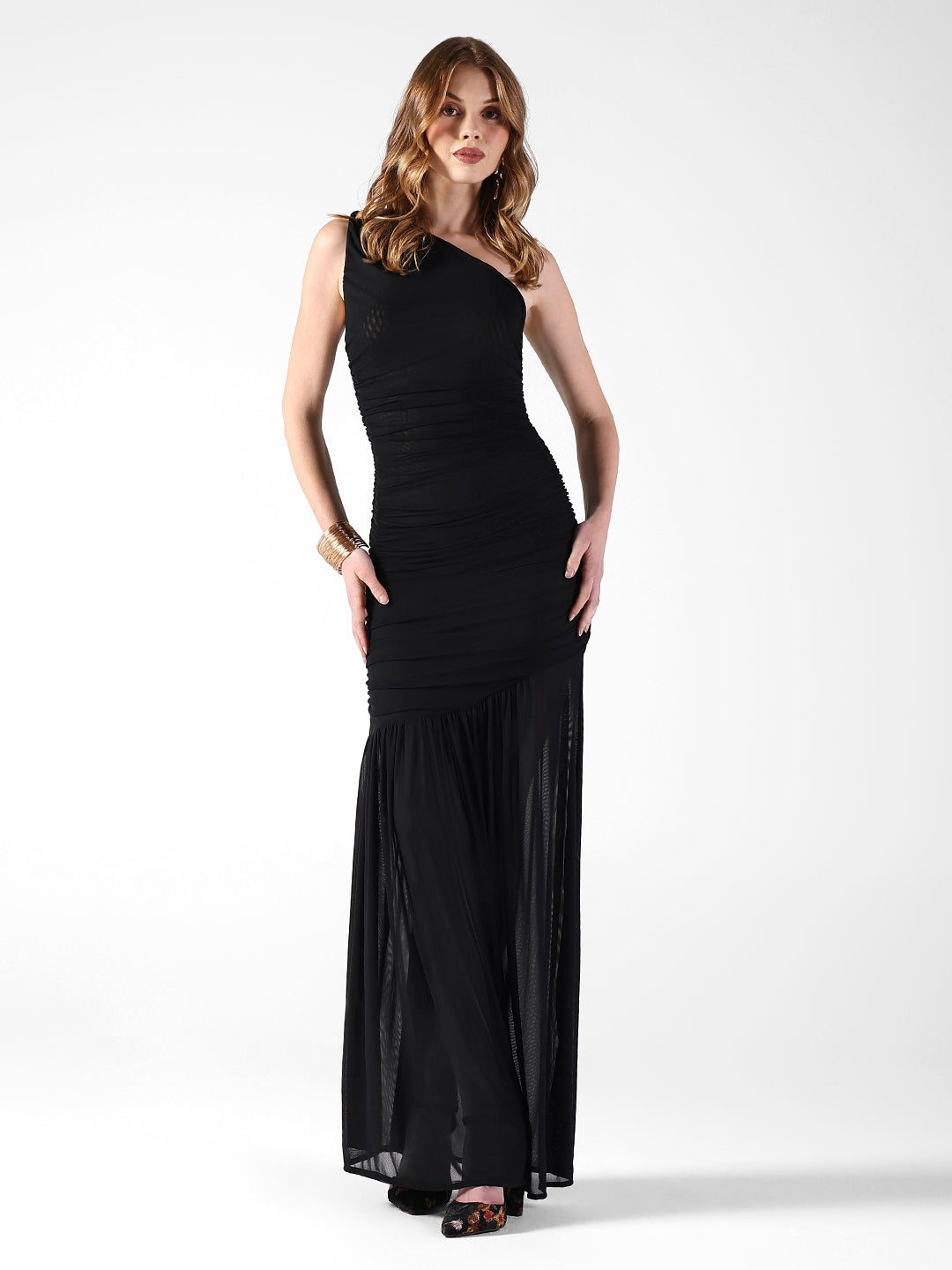 Women's Ruched Black One-Shoulder Maxi Dress with Sheer Hem
