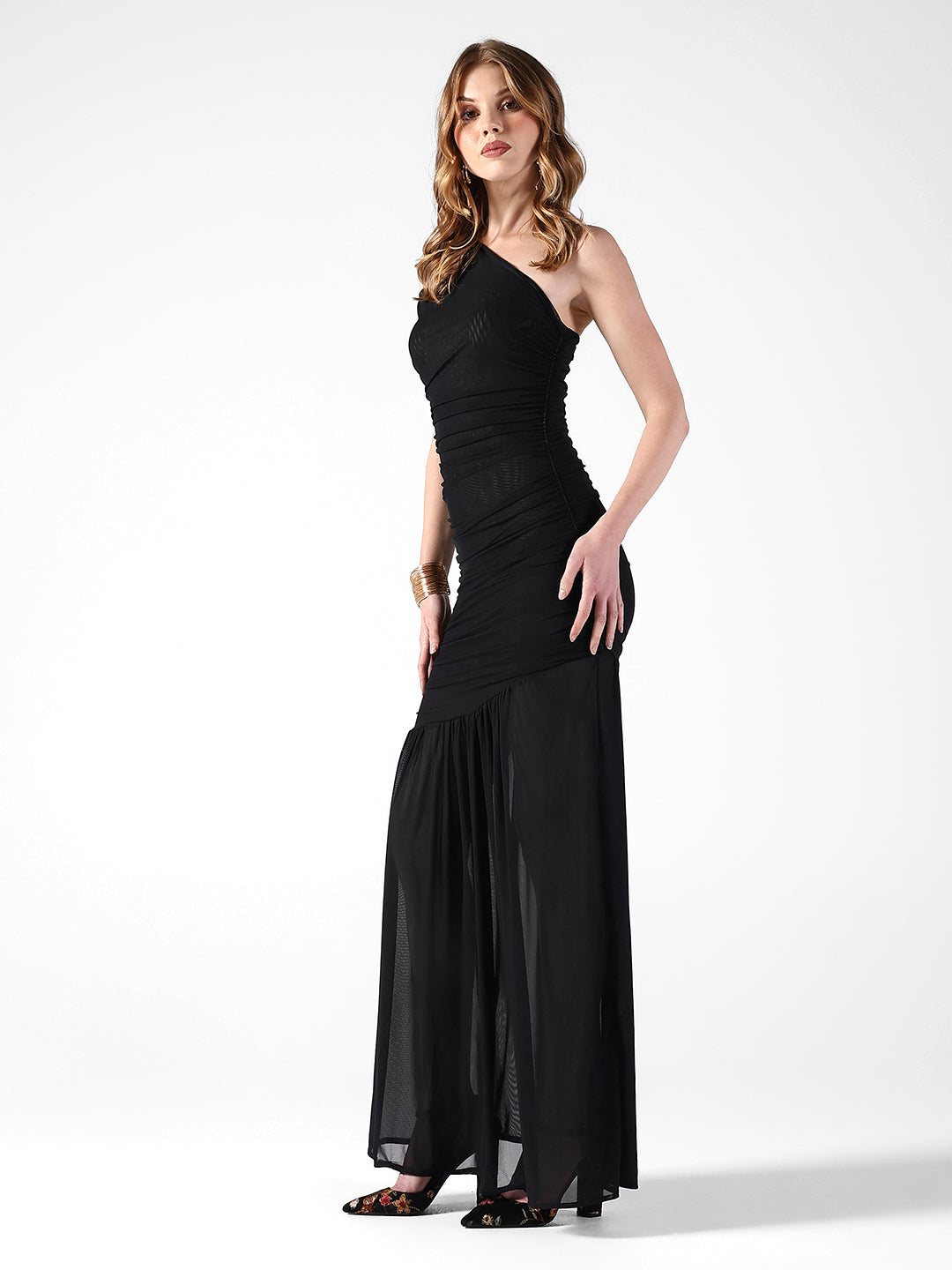 Women's Ruched Black One-Shoulder Maxi Dress with Sheer Hem
