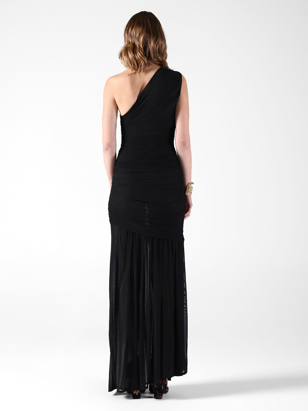 Women's Ruched Black One-Shoulder Maxi Dress with Sheer Hem
