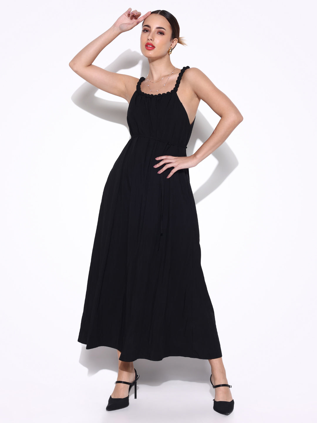 Women Solid Black Fit and Flare Dress