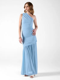 Women's Ruched Blue One-Shoulder Maxi Dress with Sheer Hem