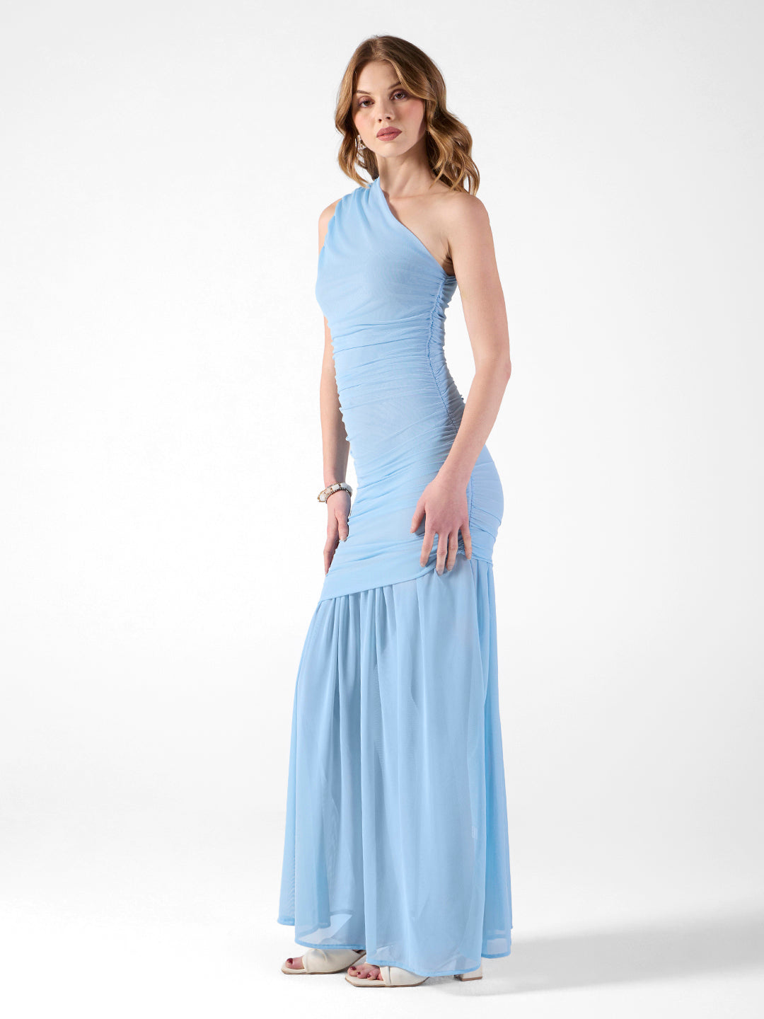 Women's Ruched Blue One-Shoulder Maxi Dress with Sheer Hem