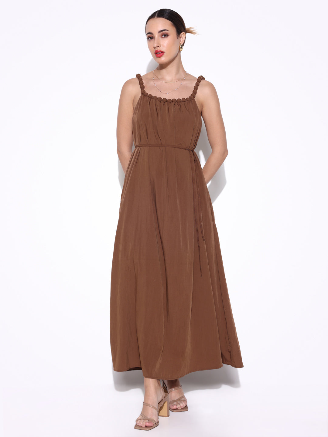 Women Solid Brown Fit and Flare Dress