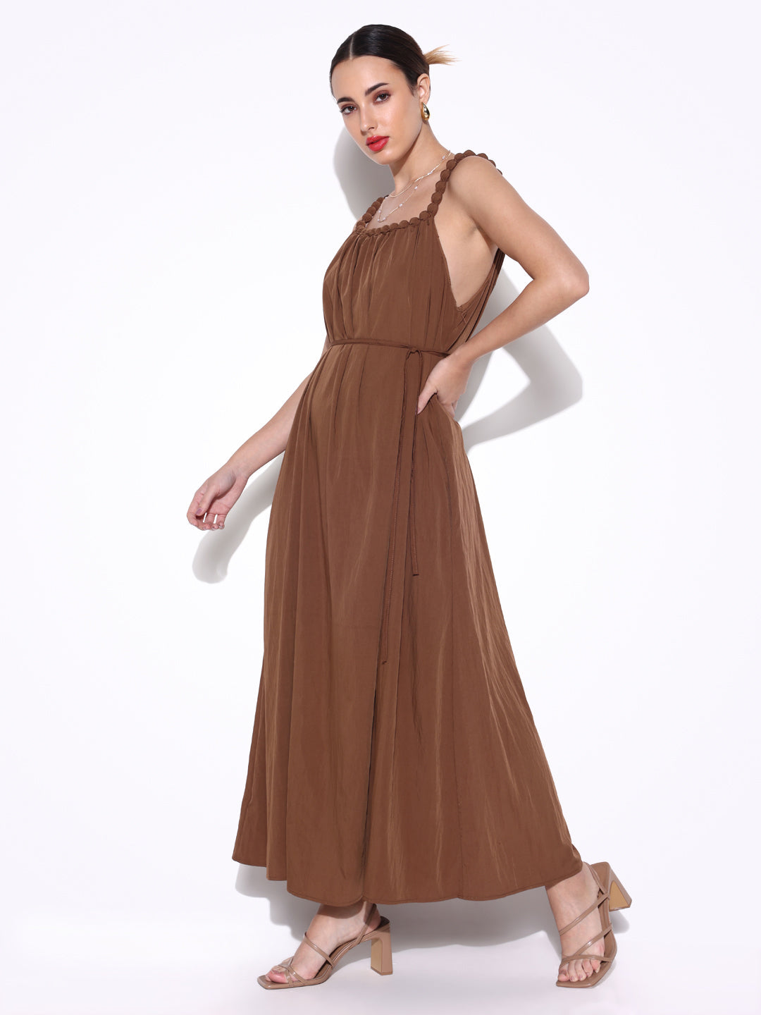 Women Solid Brown Fit and Flare Dress