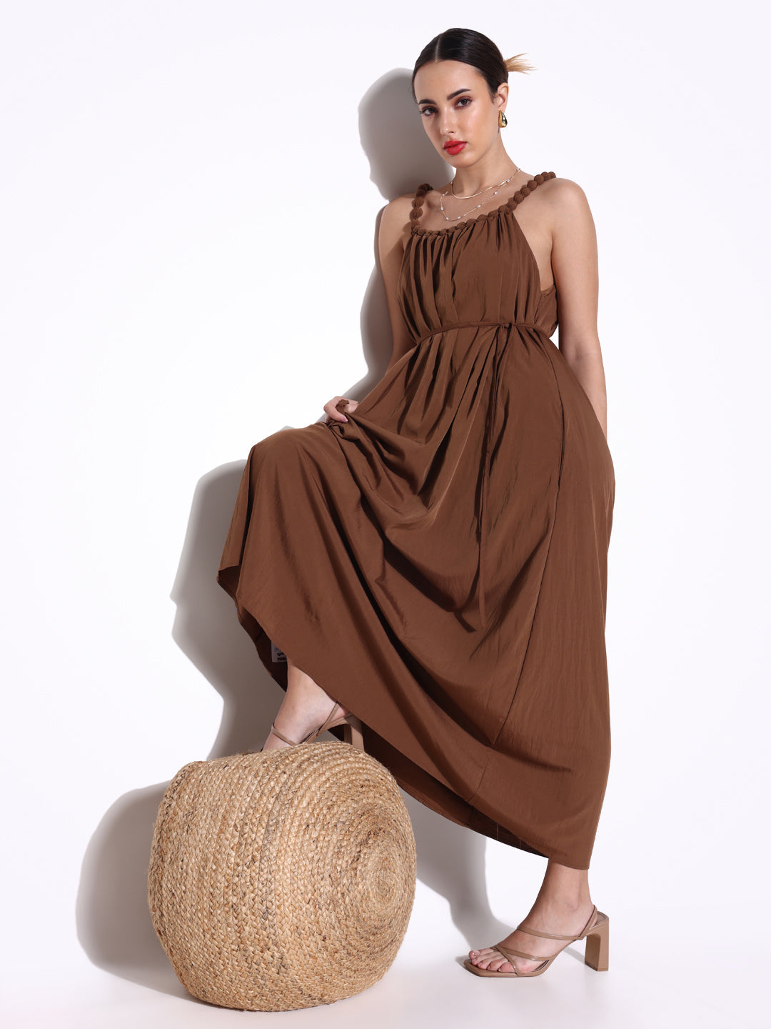 Women Solid Brown Fit and Flare Dress