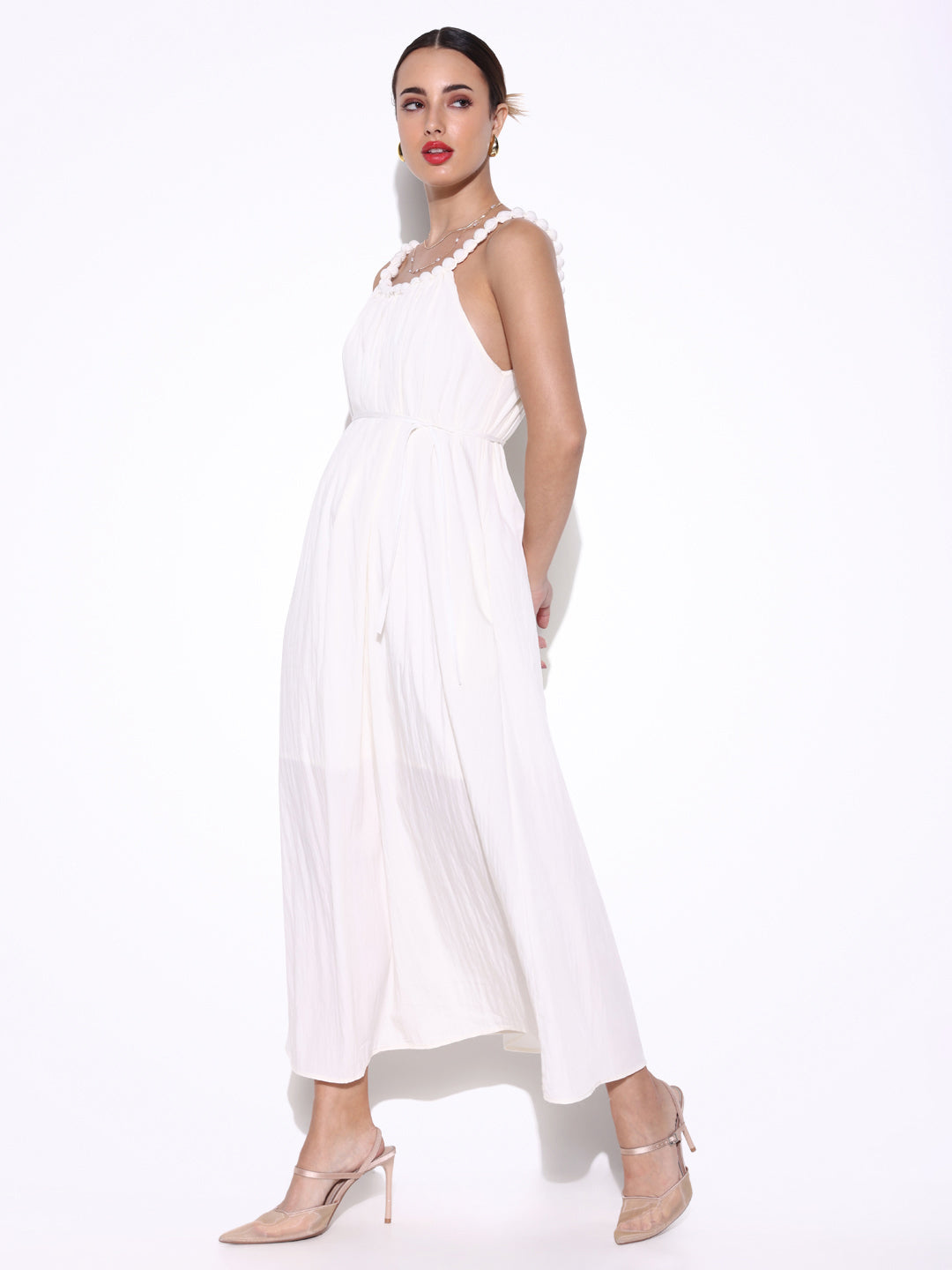 Women Solid Off White Fit and Flare Dress