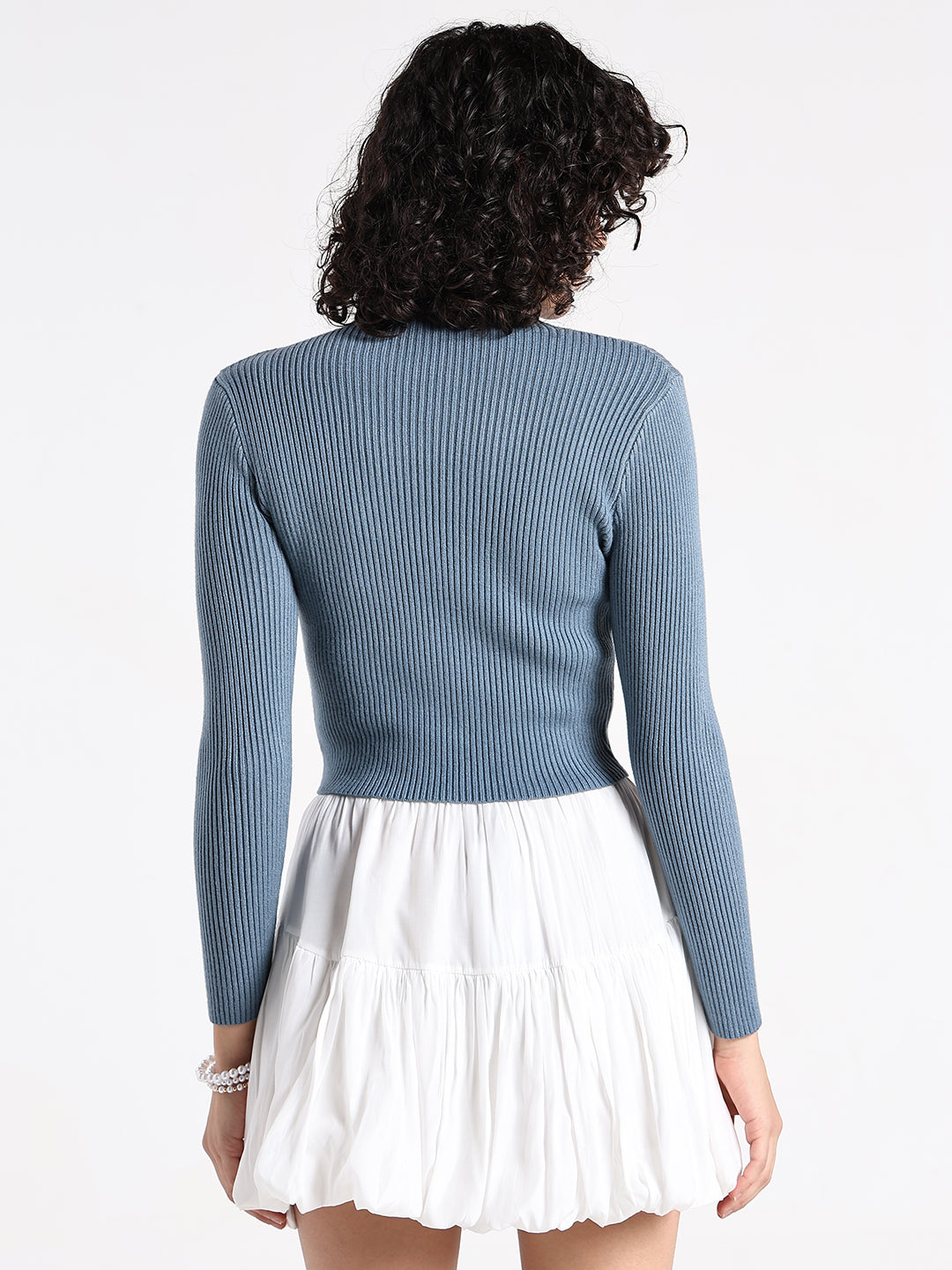 Women's Blue Ribbed High Neck Crop Top