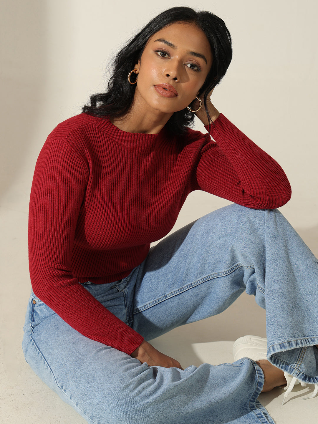 Women's Ribbed Red Mock Neck Long Sleeve Top