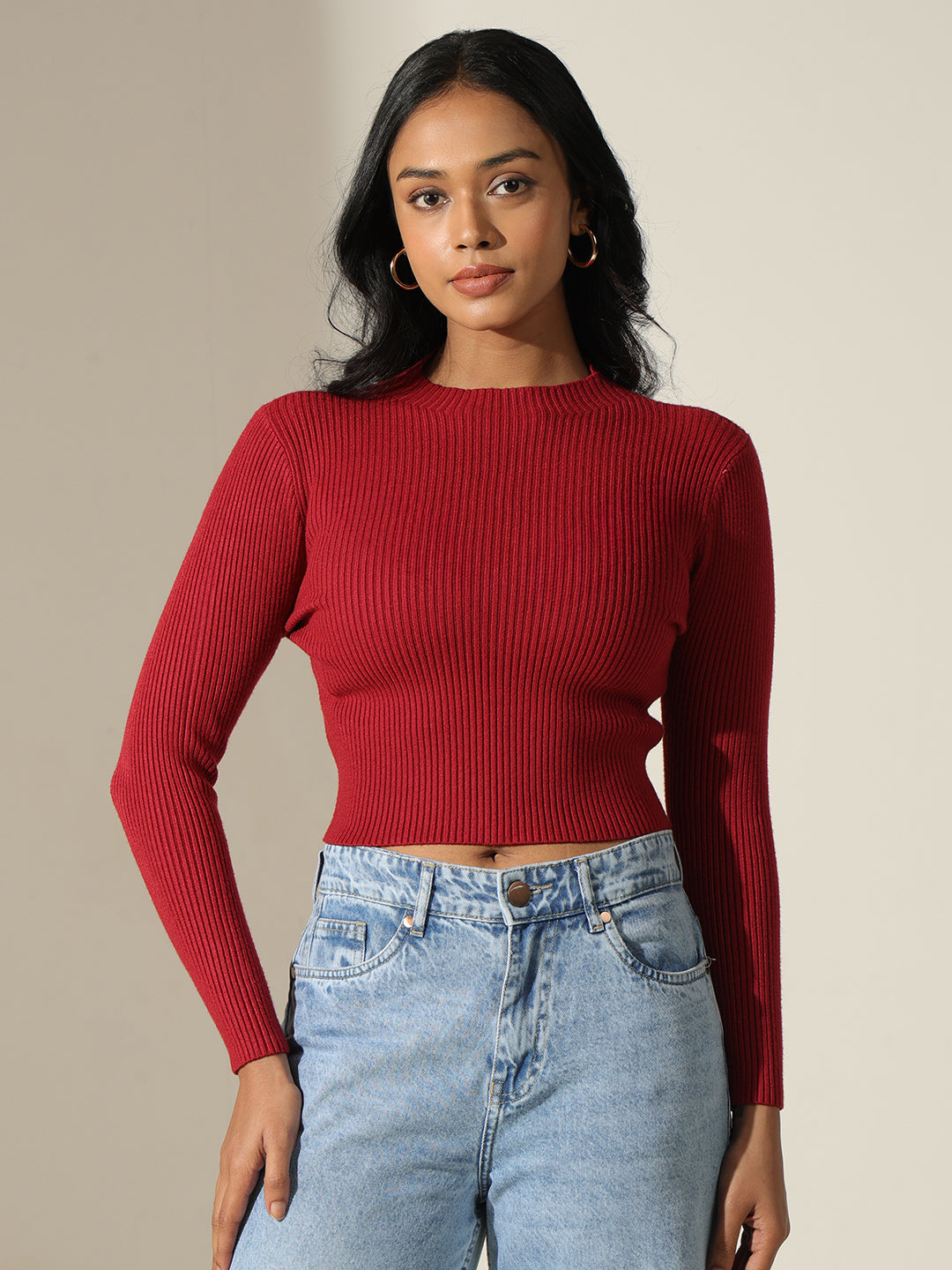 Women's Ribbed Red Mock Neck Long Sleeve Top