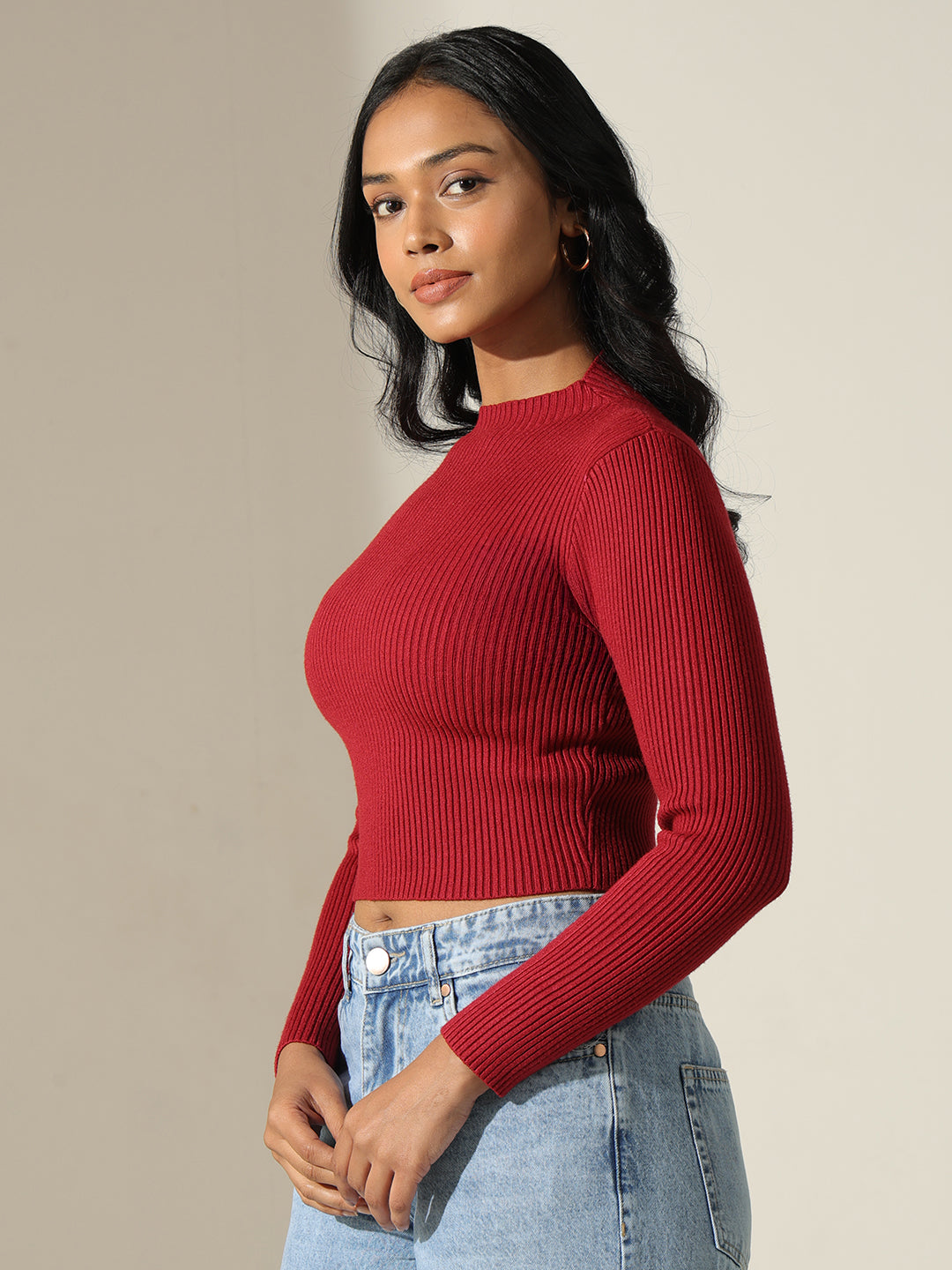 Women's Ribbed Red Mock Neck Long Sleeve Top