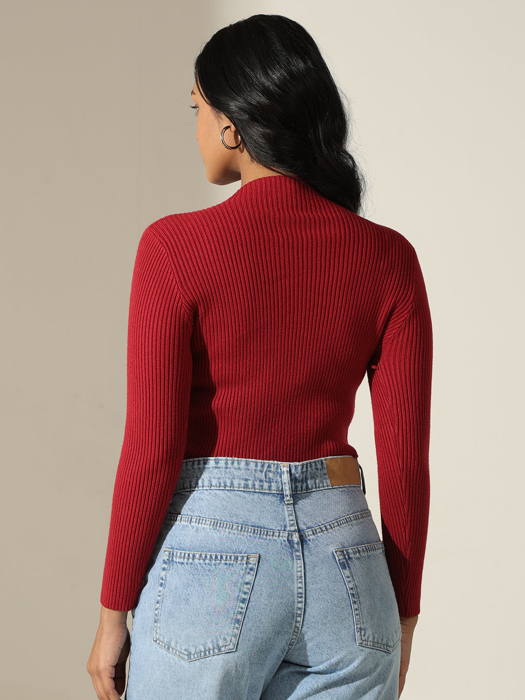 Women's Ribbed Red Mock Neck Long Sleeve Top