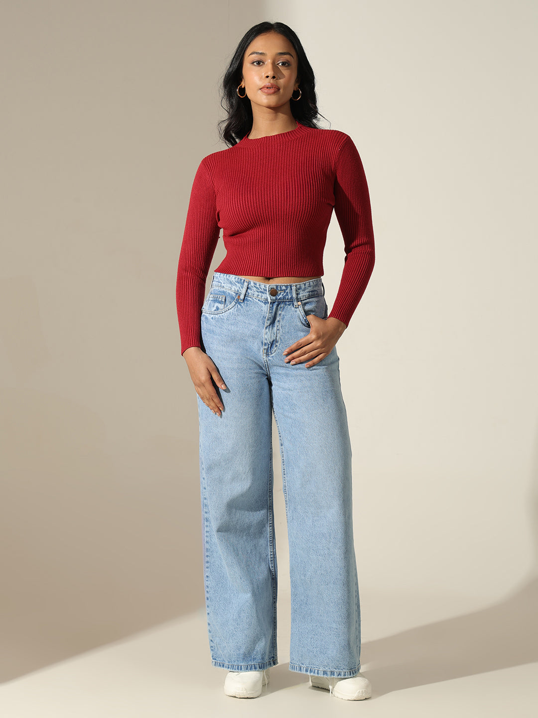 Women's Ribbed Red Mock Neck Long Sleeve Top