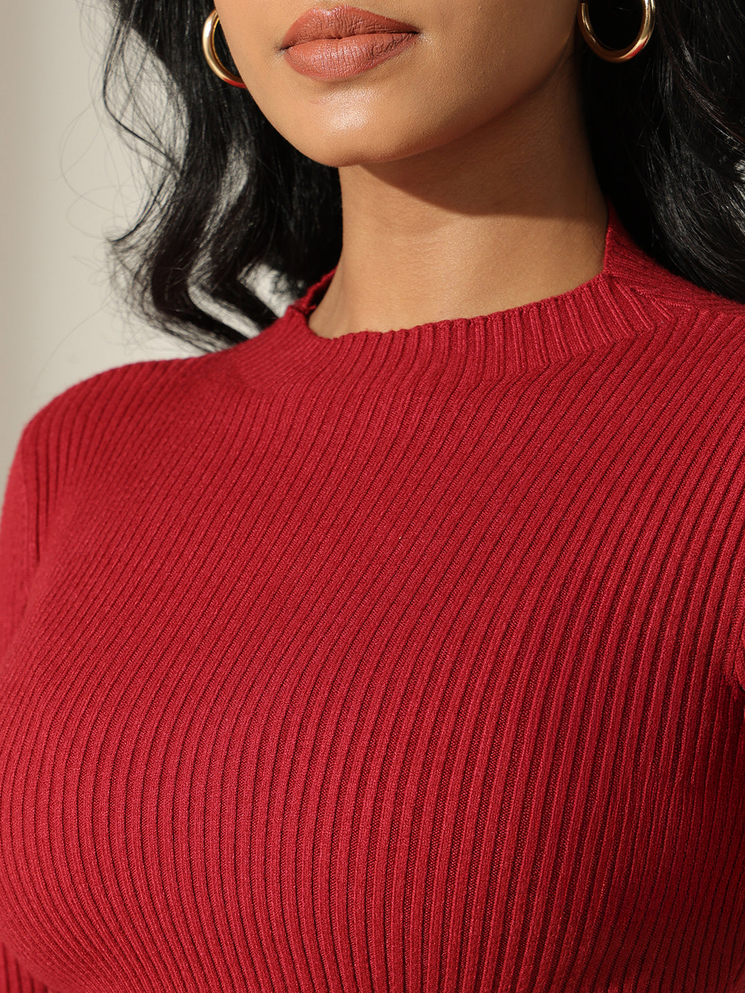 Women's Ribbed Red Mock Neck Long Sleeve Top