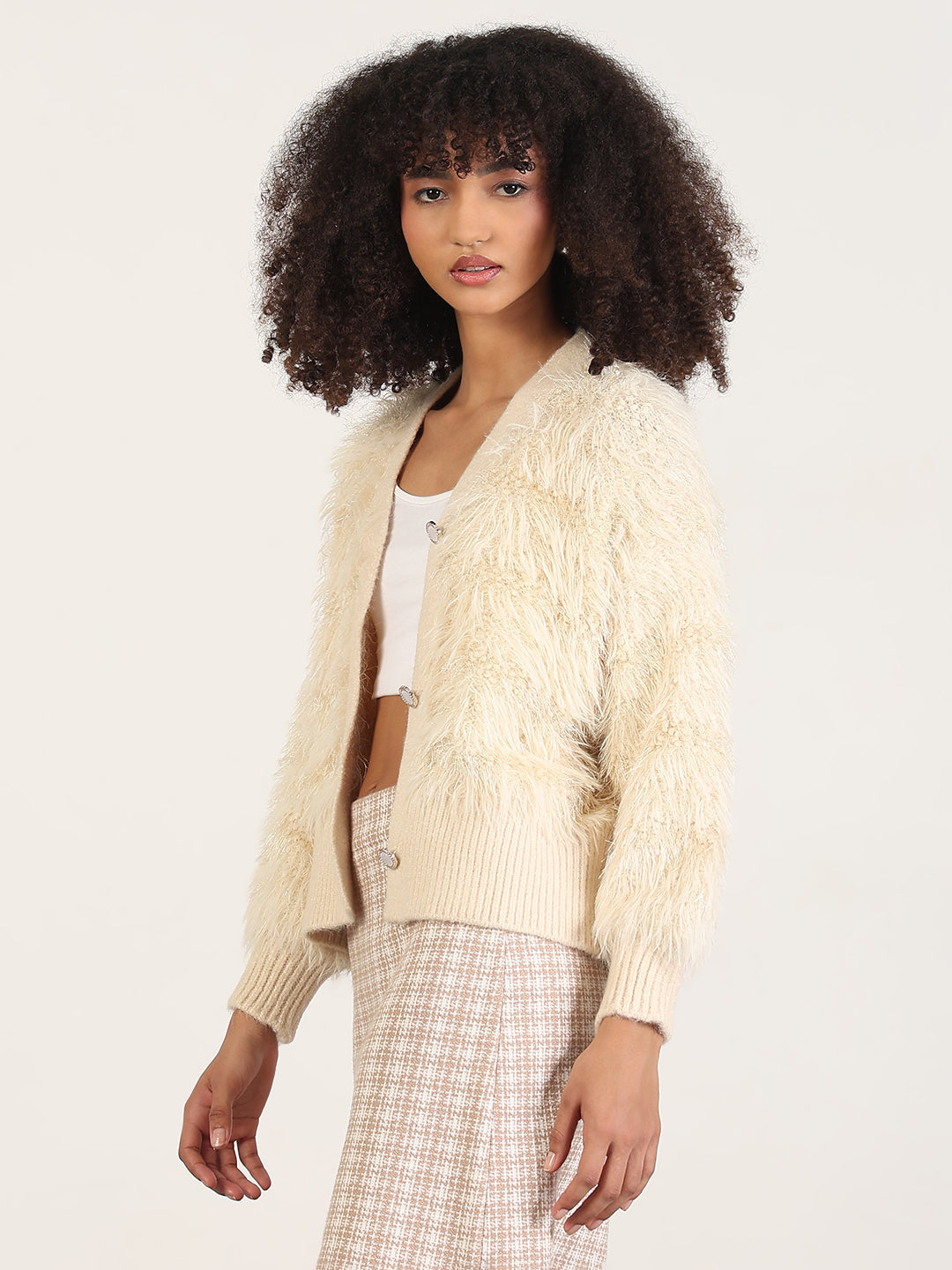 Women's Cream Solid V-Neck Shrug