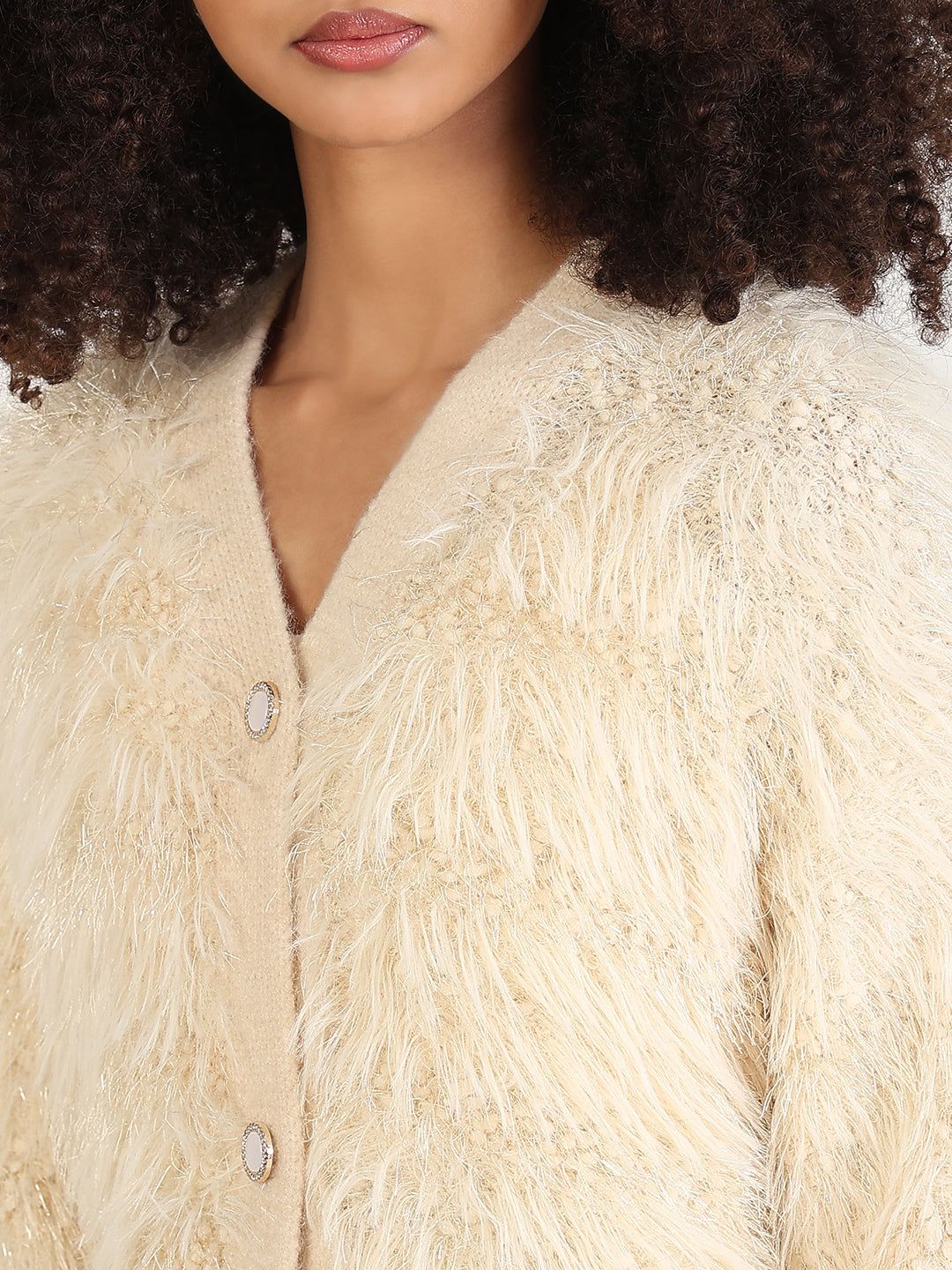 Women's Cream Solid V-Neck Shrug