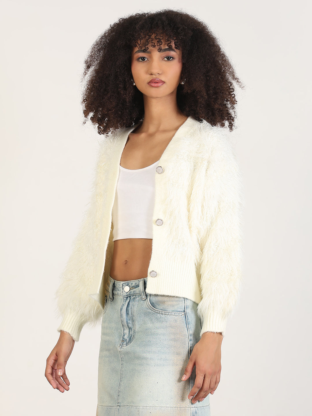 Women's Off White Solid V-Neck Shrug