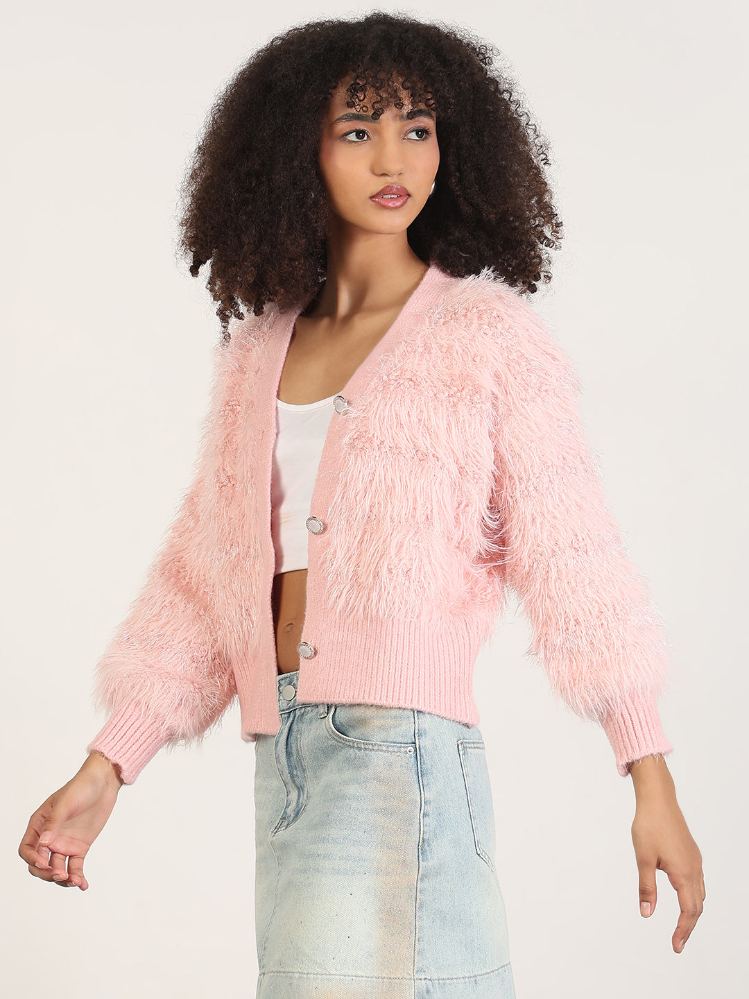 Women's Pink Solid V-Neck Shrug