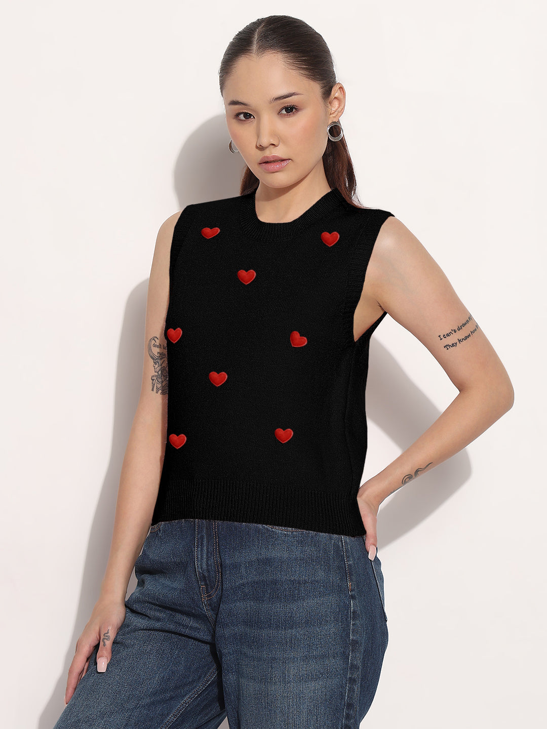 Women's Ribbed Black Round Neck Sleeveless Knitted Top with Heart Embellishments