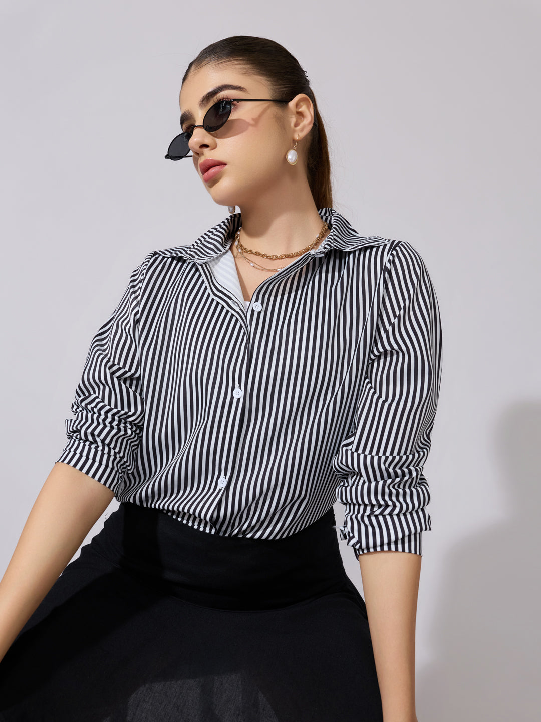 Women's Striped Black Button-Down Shirt