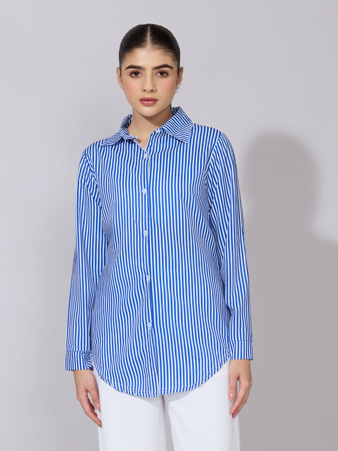 Women's Striped Blue Button-Down Shirt