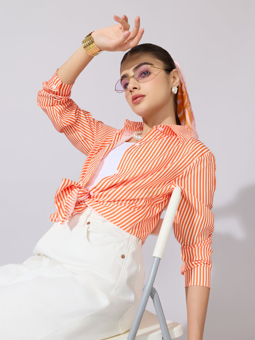 Women's Striped Orange Button-Down Shirt