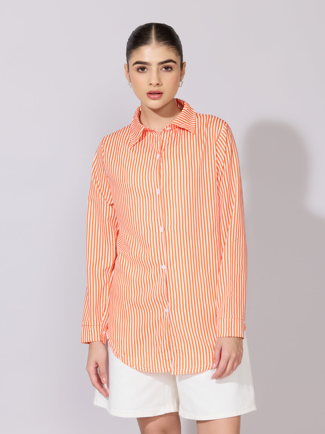 Women's Striped Orange Button-Down Shirt