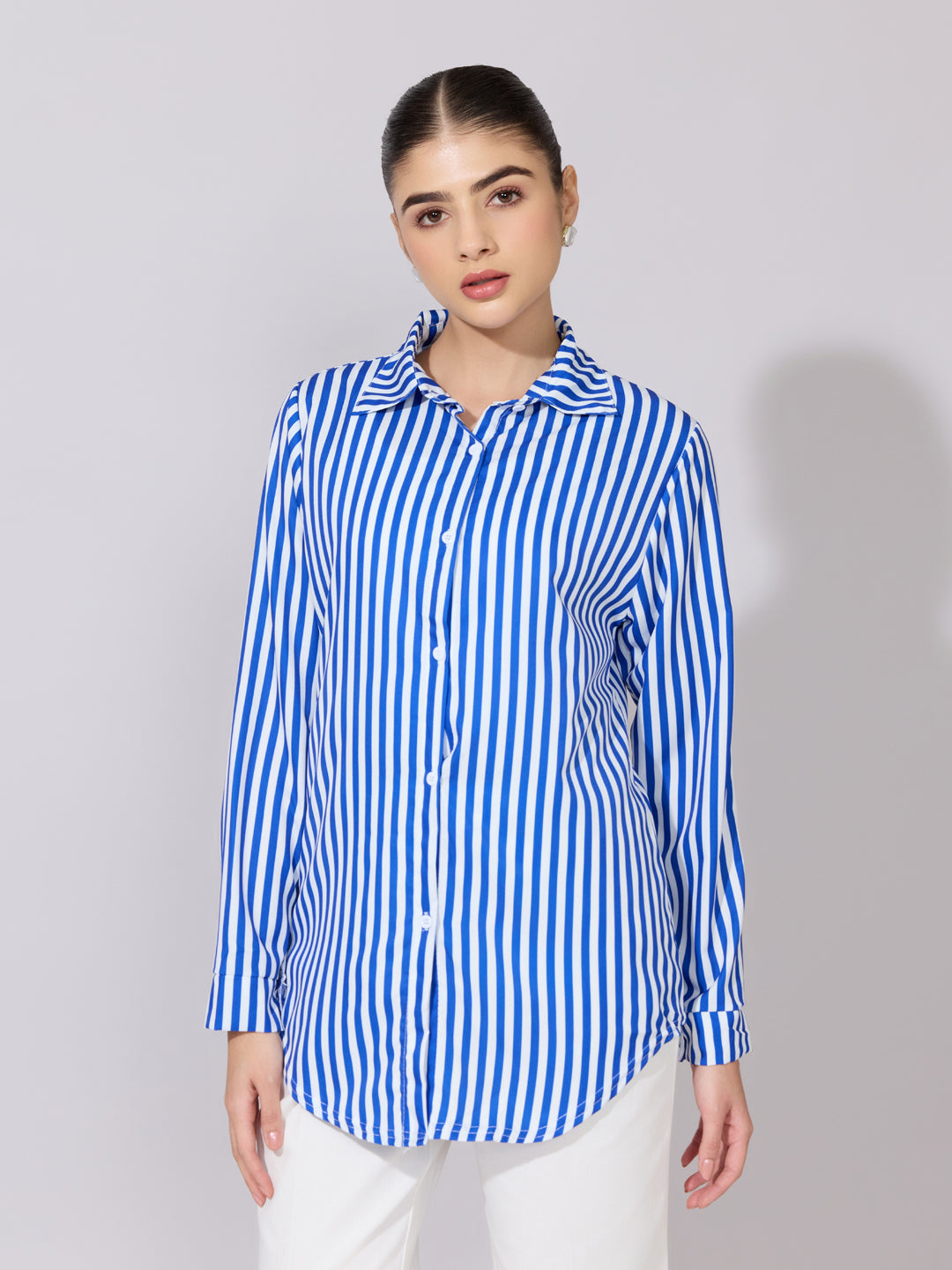 Women's Striped Blue Button-Down Shirt
