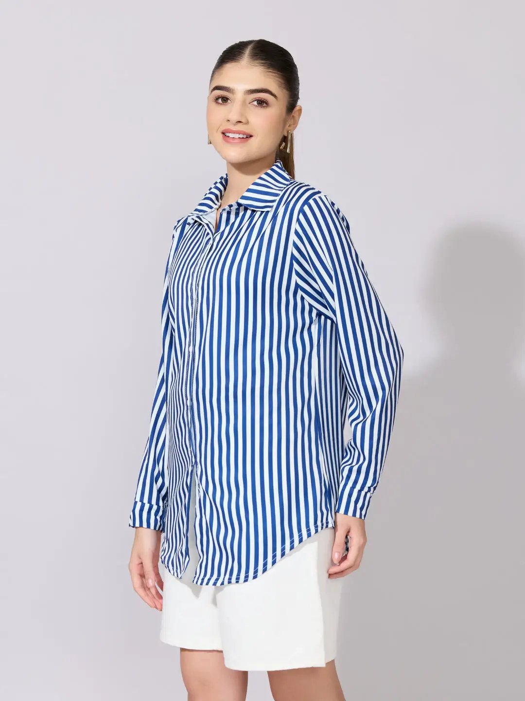 Women's Striped Navy Blue Button-Down Shirt - from SHOWOFFFF