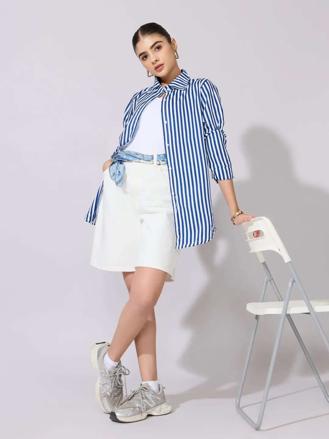 Women's Striped Navy Blue Button-Down Shirt - from SHOWOFFFF