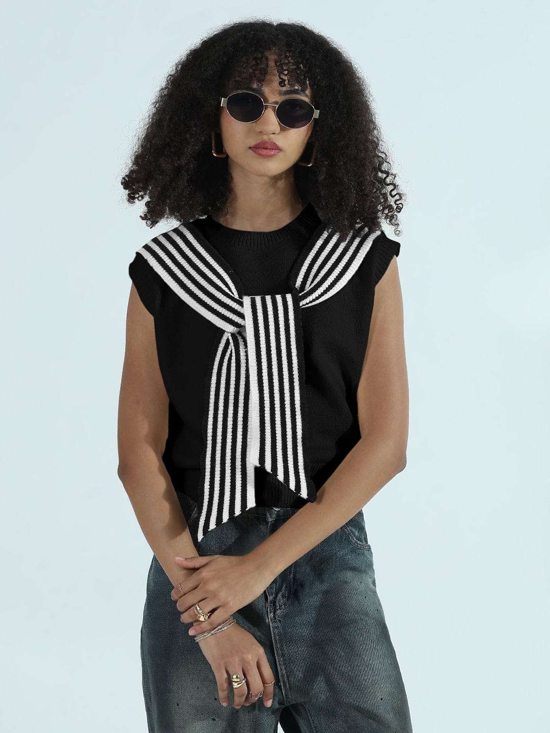 Women's Black Sleeveless Knit Sweater Vest Top with Striped Tie-Up Detail