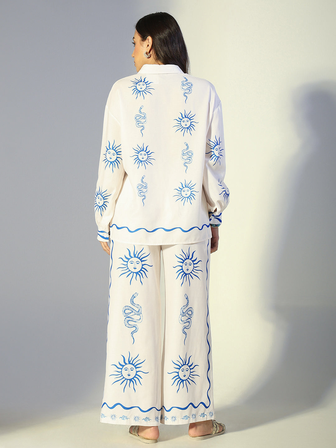 Women's Printed Off-White Shirt & Wide-Leg Pants Co-Ord Set