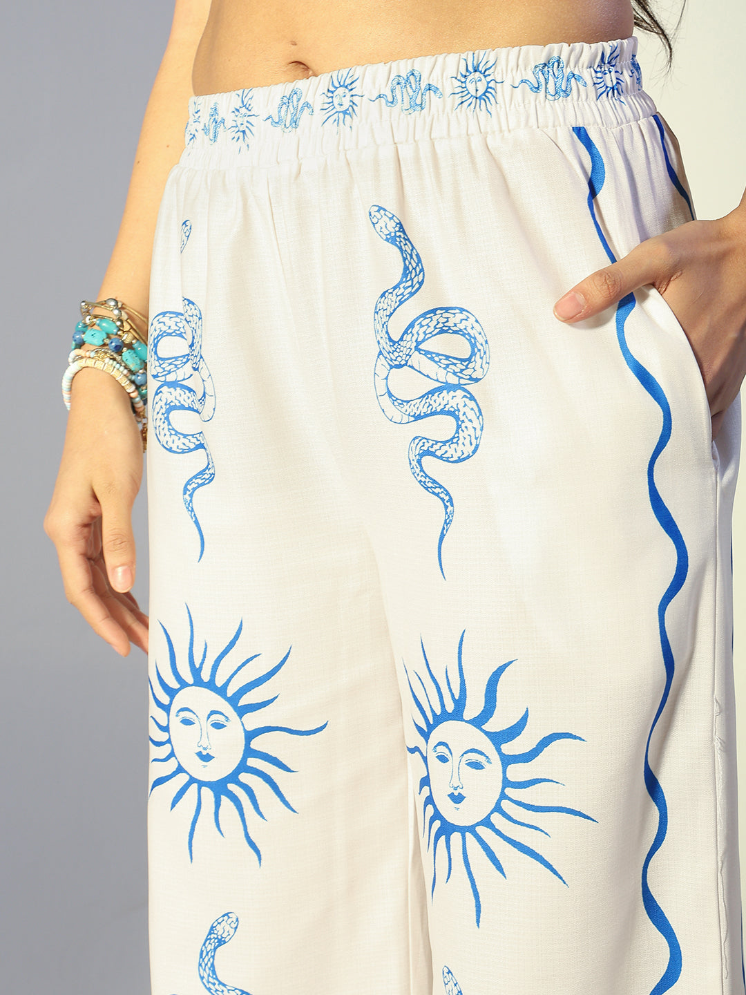 Women's Printed Off-White Shirt & Wide-Leg Pants Co-Ord Set