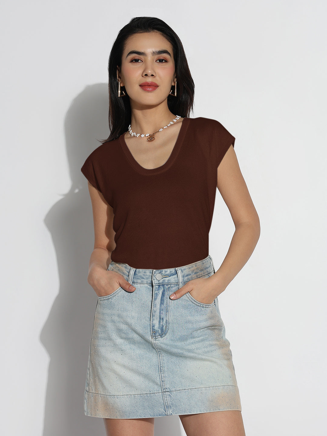 Women Casual Solid Brown Round Neck Top