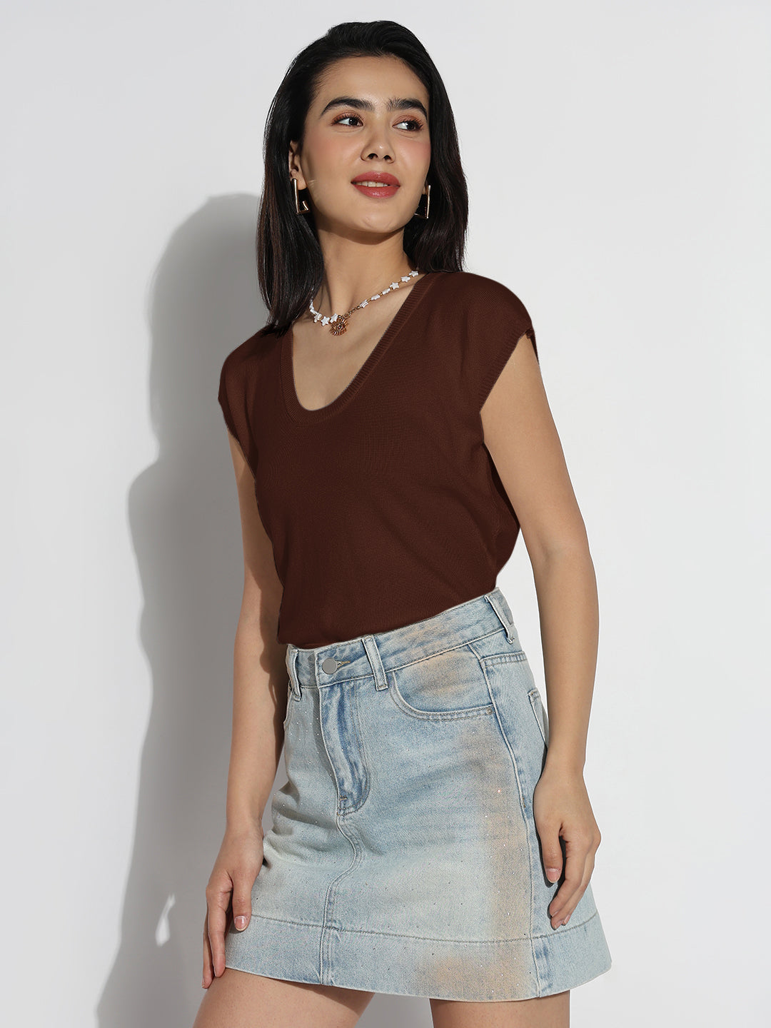 Women Casual Solid Brown Round Neck Top