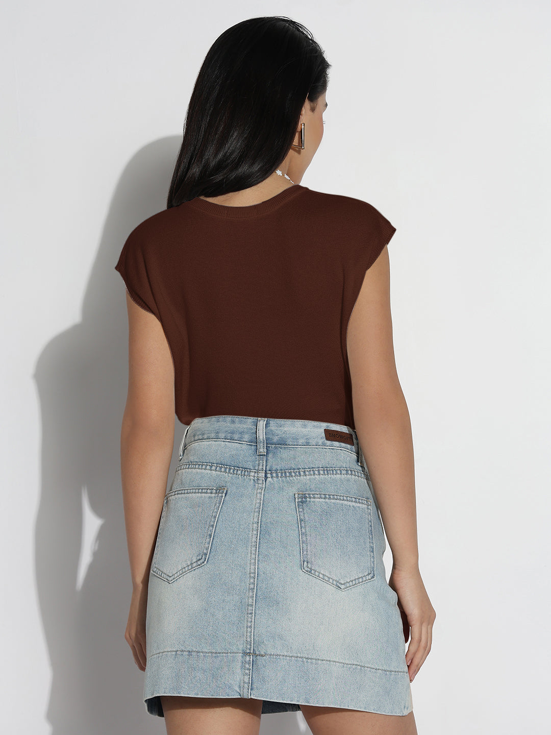 Women Casual Solid Brown Round Neck Top