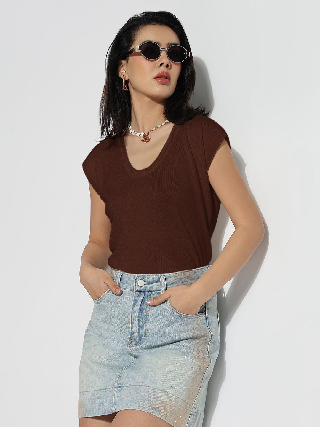 Women Casual Solid Brown Round Neck Top