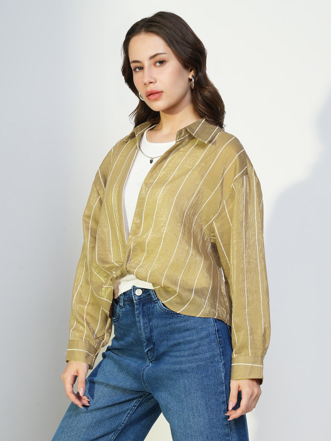 Women Striped Beige Shirt Collar Top with Tank Top