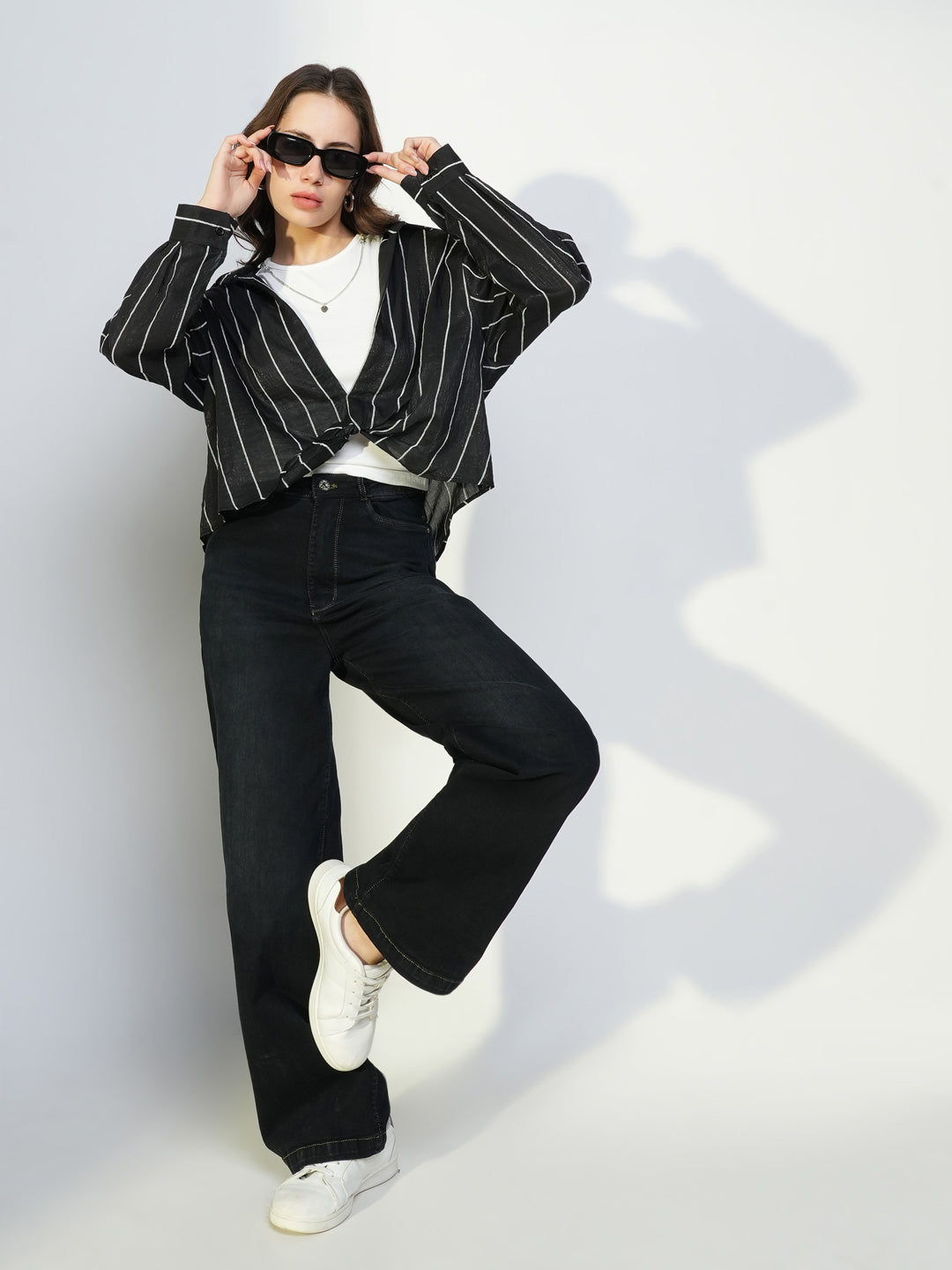 Women's Black Striped Top with Tank Top and Chain