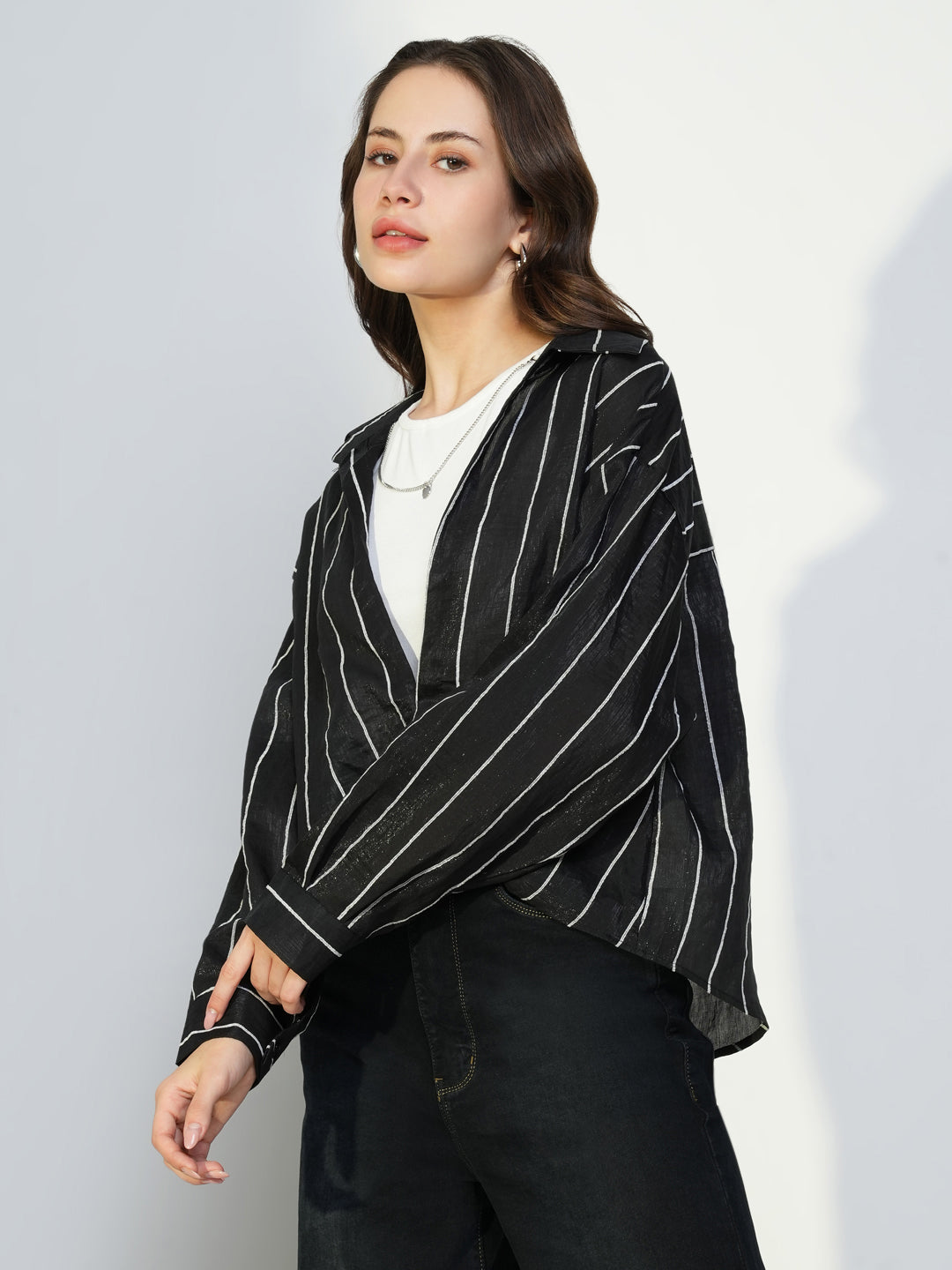 Women's Black Striped Top with Tank Top and Chain