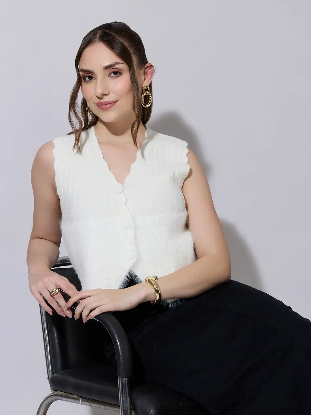Women's Ribbed Off White Fuzzy Buttoned Vest Top