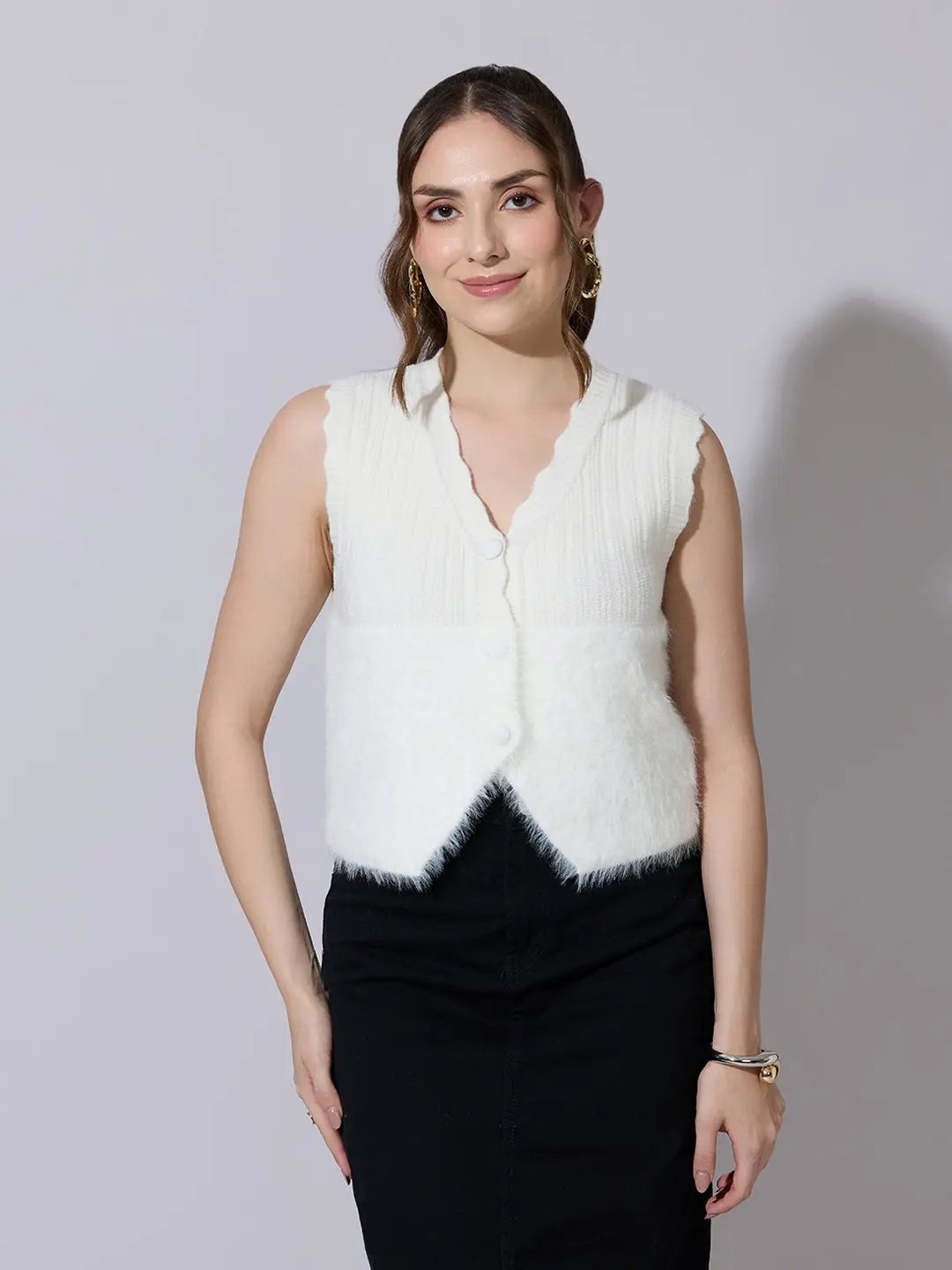 Women's Ribbed Off White Fuzzy Buttoned Vest Top