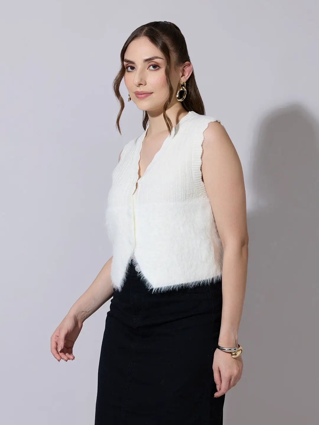 Women's Ribbed Off White Fuzzy Buttoned Vest Top