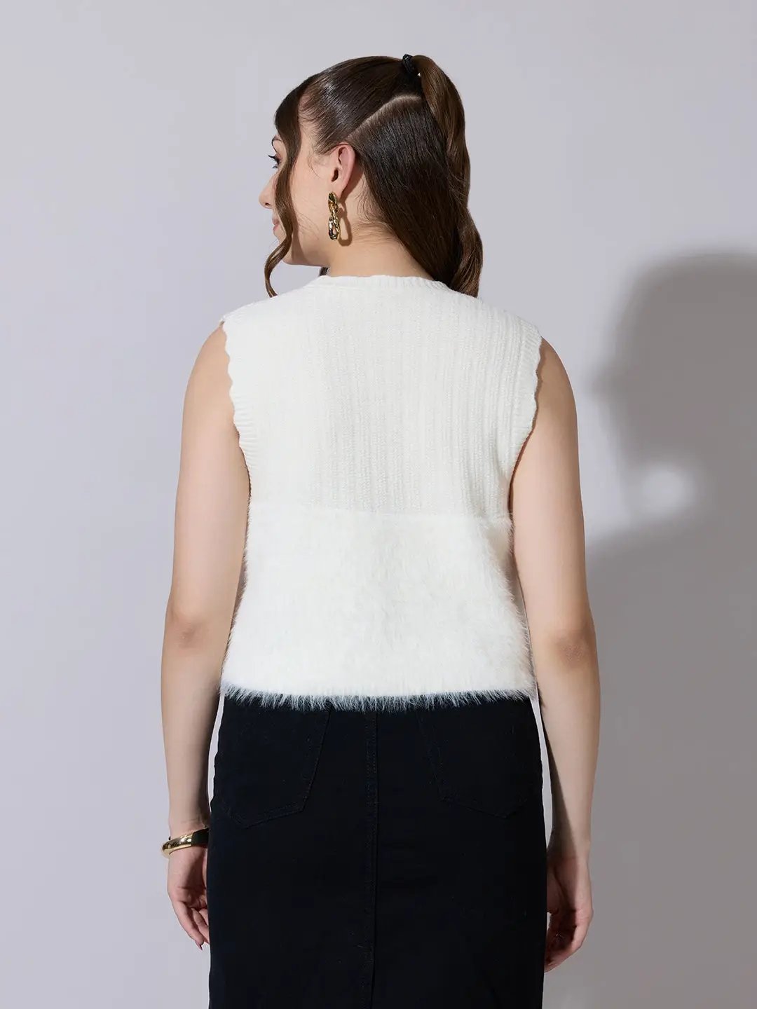 Women's Ribbed Off White Fuzzy Buttoned Vest Top