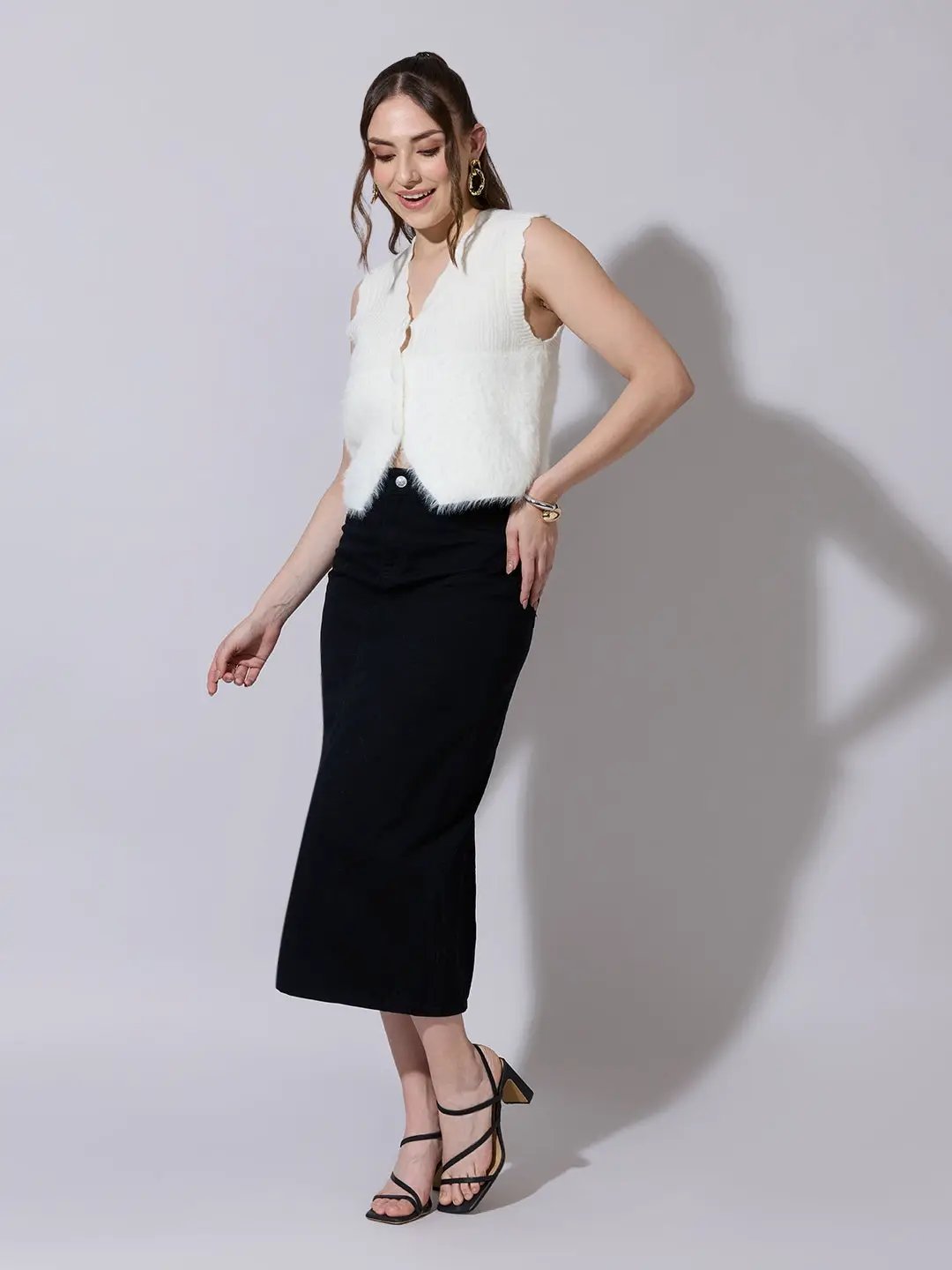 Women's Ribbed Off White Fuzzy Buttoned Vest Top