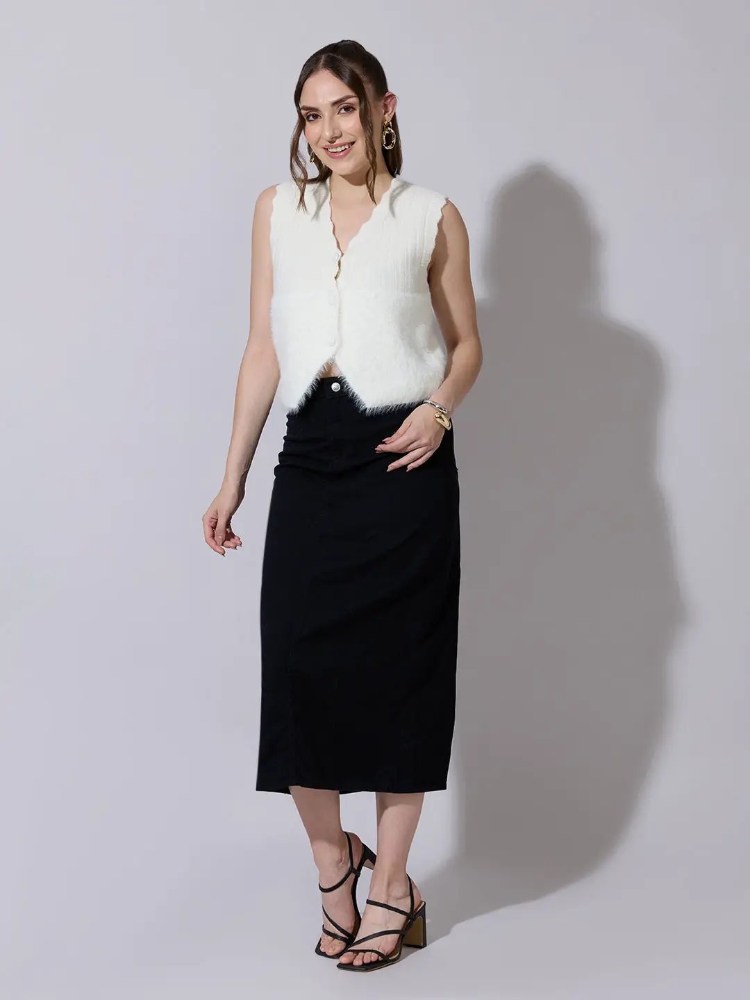 Women's Ribbed Off White Fuzzy Buttoned Vest Top