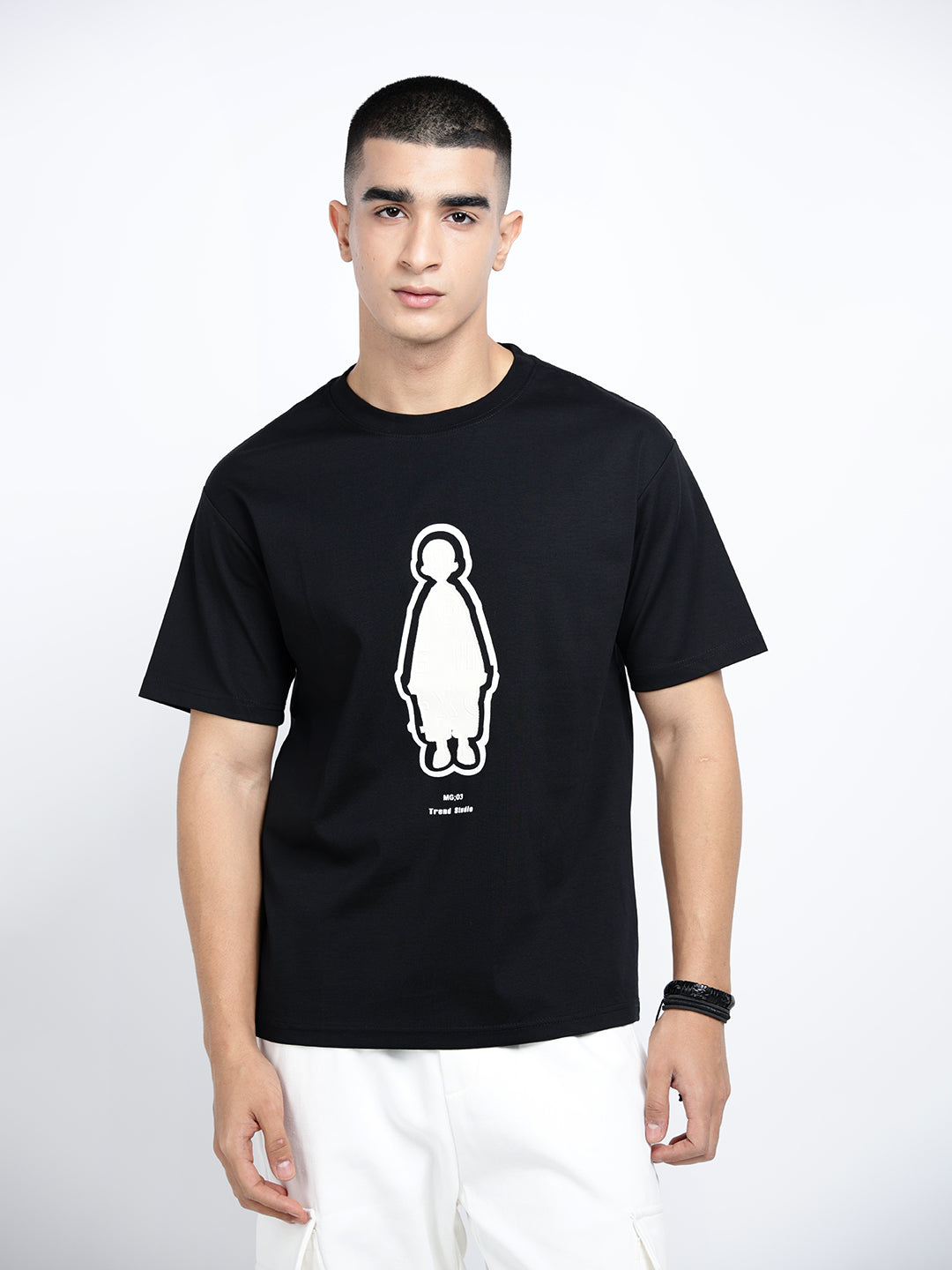 Men's Graphic Print Black Short Sleeves Round Neck Relaxed Fit T-Shirt