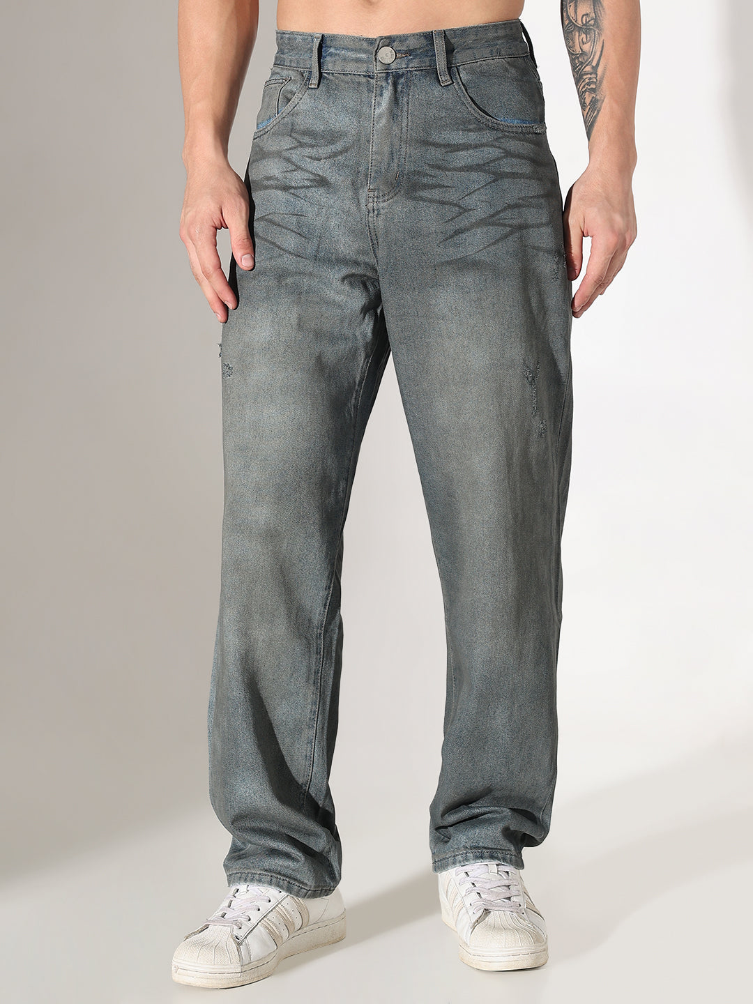 Men's Blue Relaxed Fit Jeans with Washed Effect