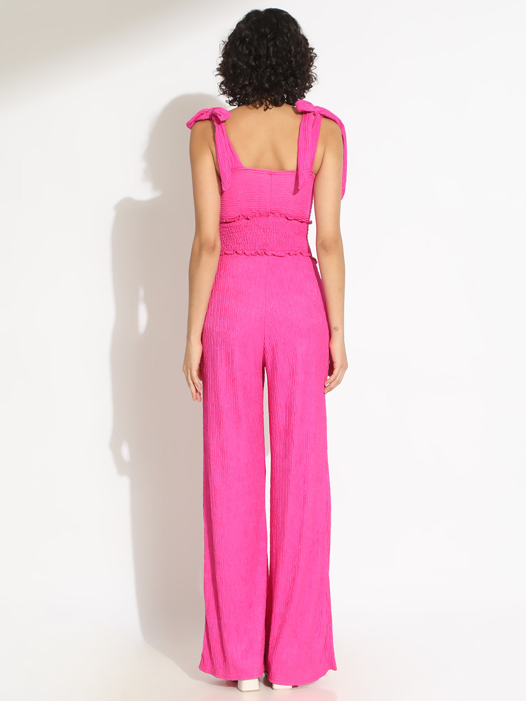 Women's Textured Pink Tie-Up Shoulder Top with Smocked Waistline Jumpsuit