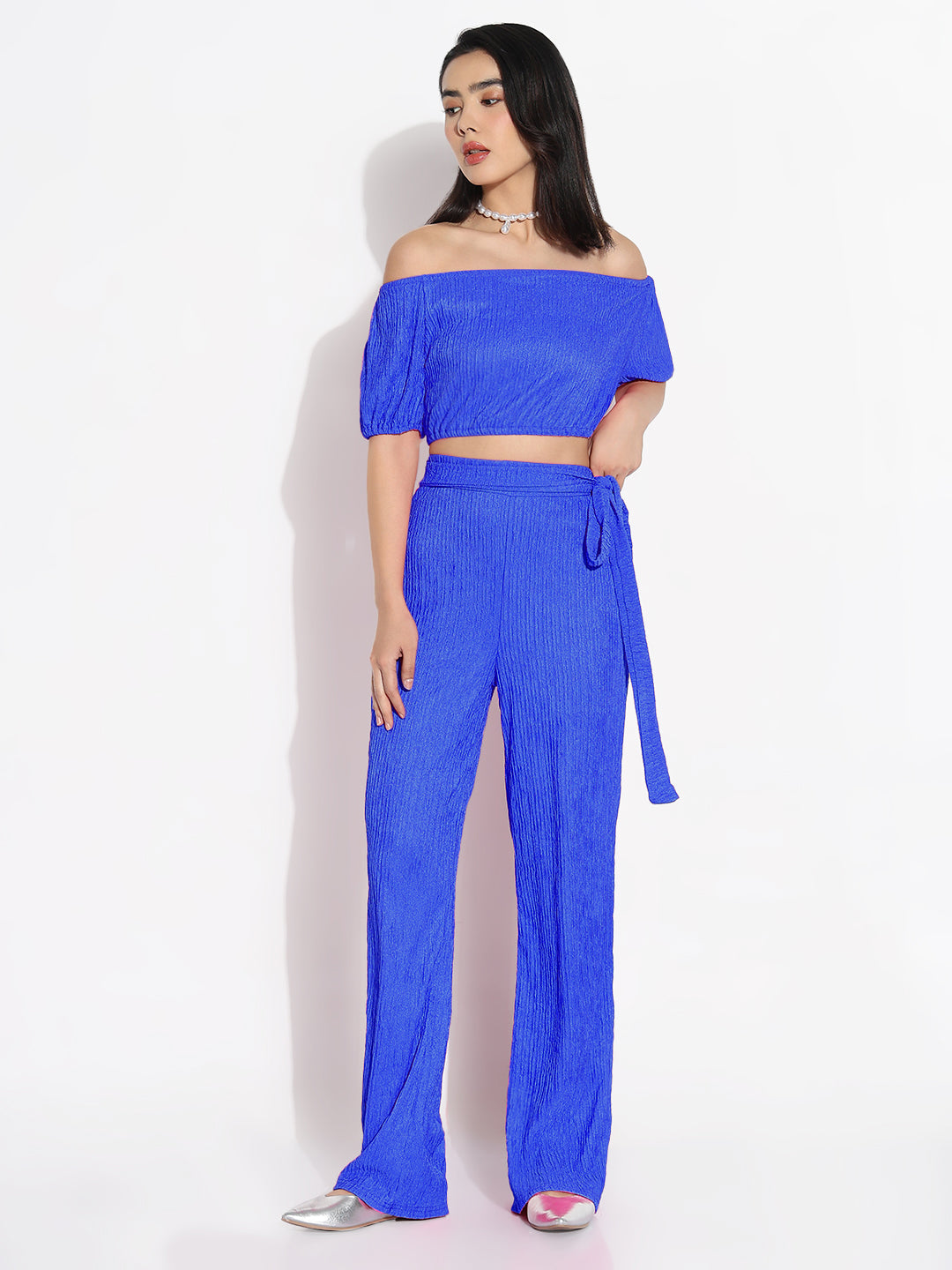 Women Blue Solid Off-Shoulder Co-ords Set