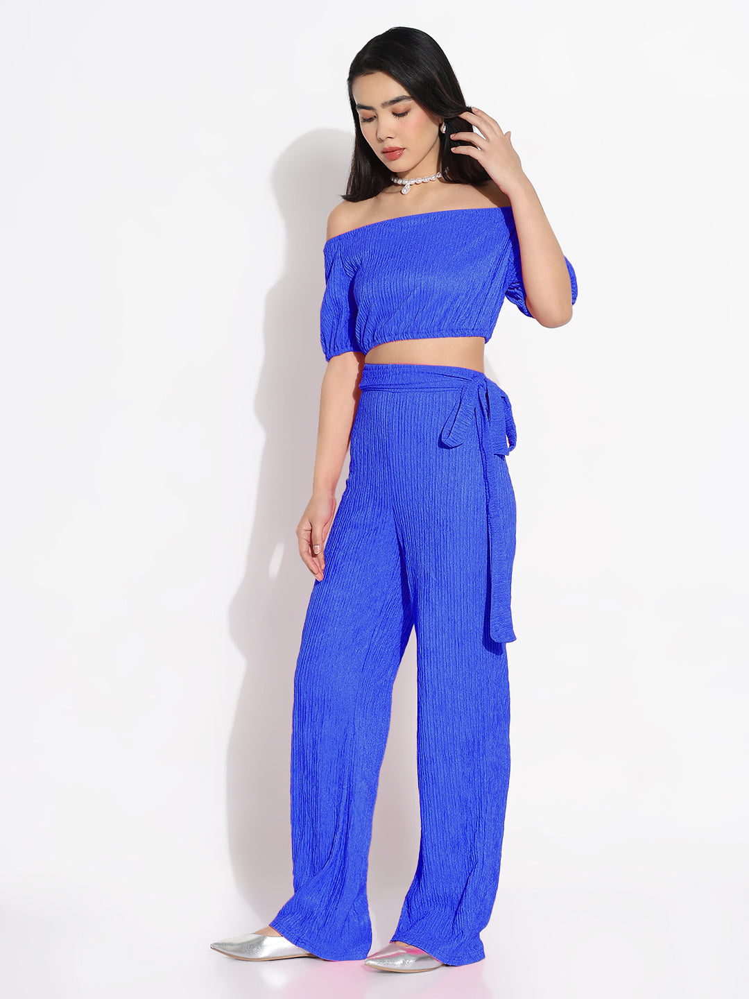 Women Blue Solid Off-Shoulder Co-ords Set